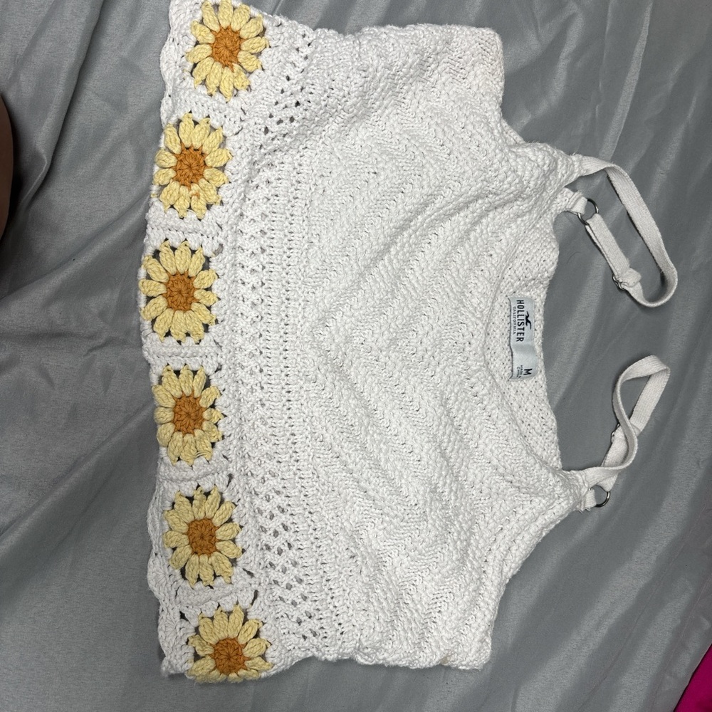 Hollister White and Yellow Crochet Crop Top